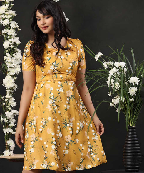Round Neck Mustard Printed Dress